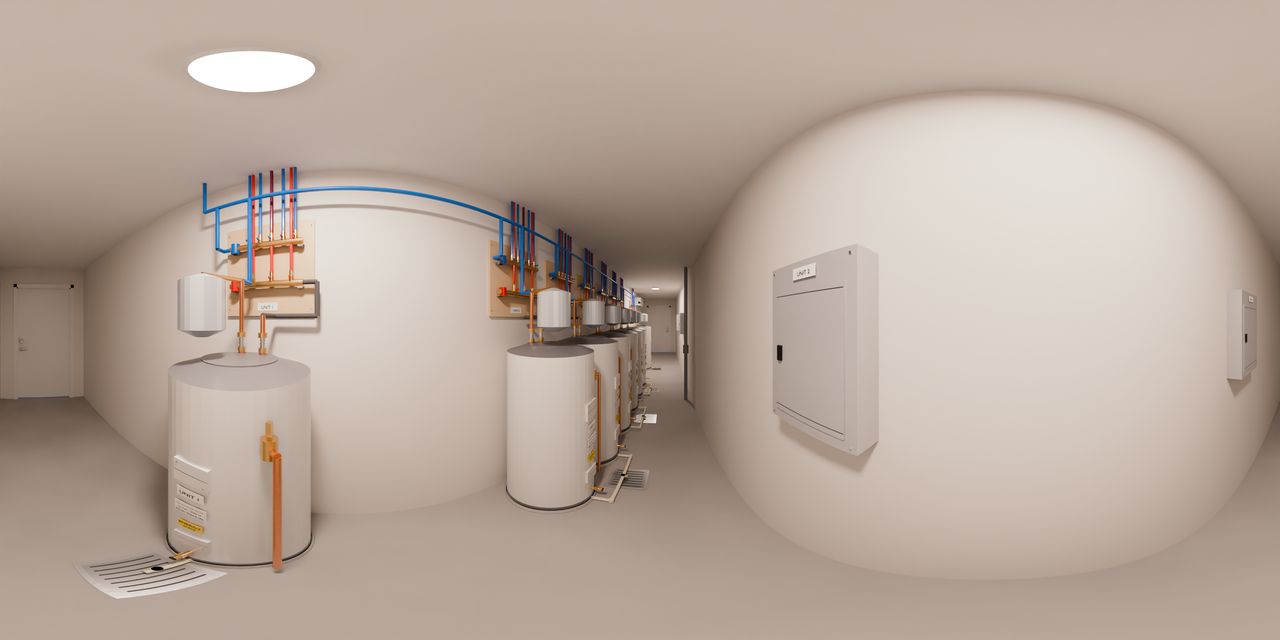 Eight water heaters in drain pans along one wall, one for each home, each with a board of red and blue water lines above it, the unit panels on the facing wall and an owner door at each end.