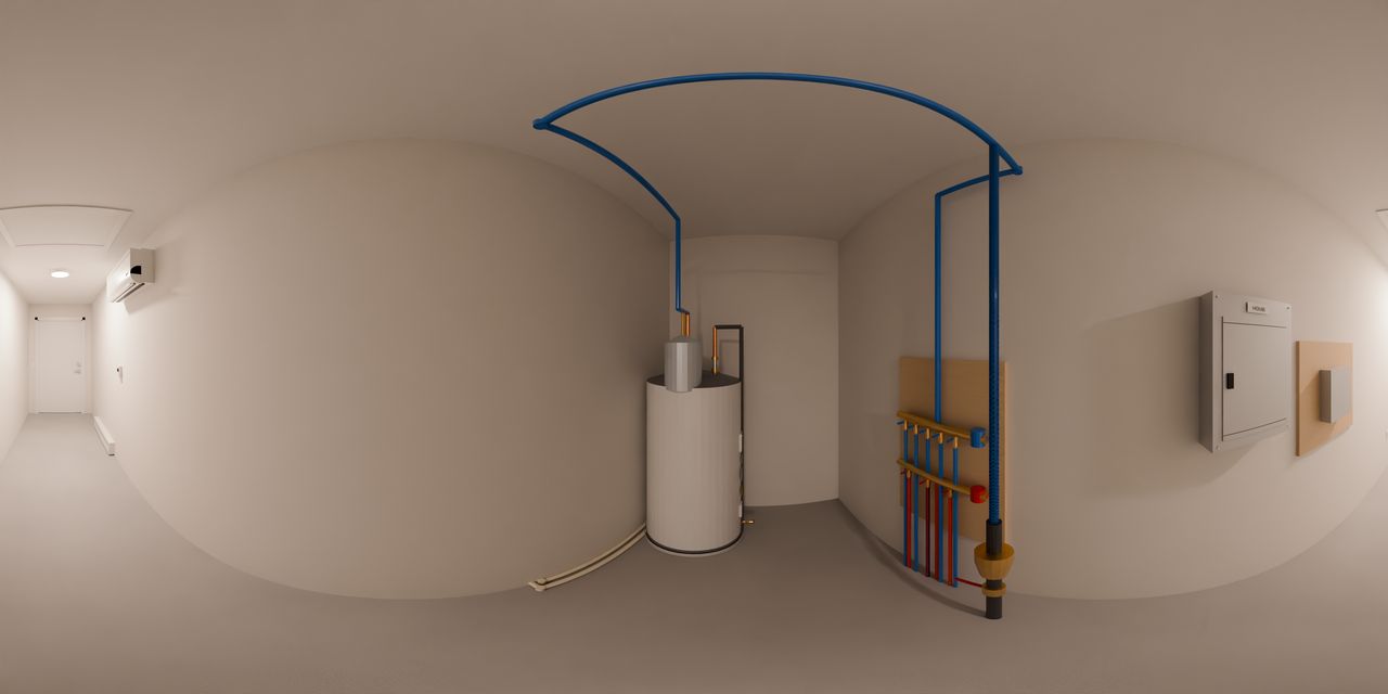A 50 gallon water heater in a drain pan, a cold water line overhead, a board of red and blue water lines for one studio and the house panel. Toward the far end are a mini-split heat pump high on the wall and a baseboard heater.