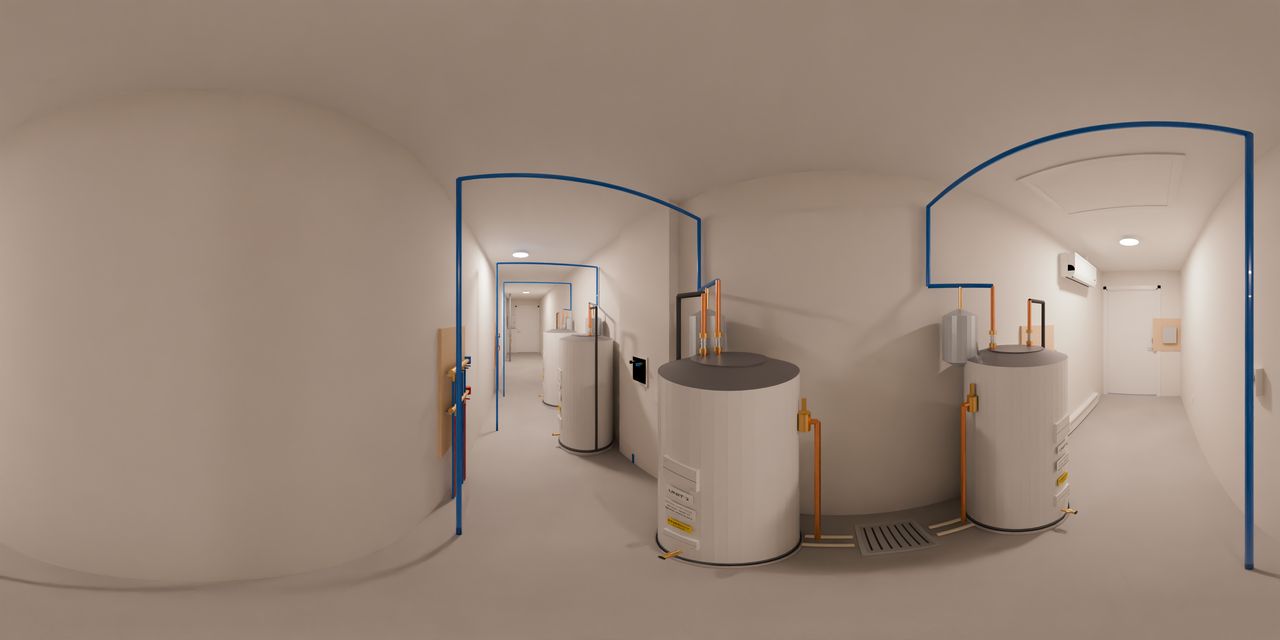 The washer hookup, cold water only, in a short chase on the spine wall between the two pairs of water heaters, with the spine’s mini-split heat pump and its backup baseboard heater toward the east end.