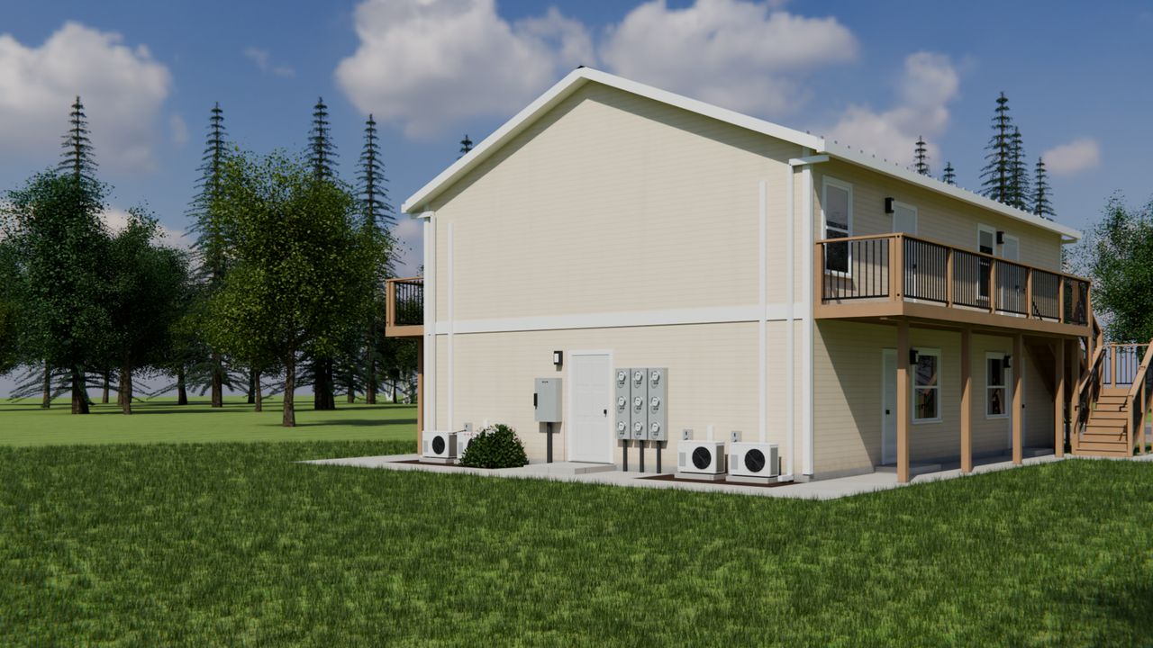 Concept render of the end wall of the two-story building, with the owner door, a bank of electric meters and outdoor heating and cooling units on pads.