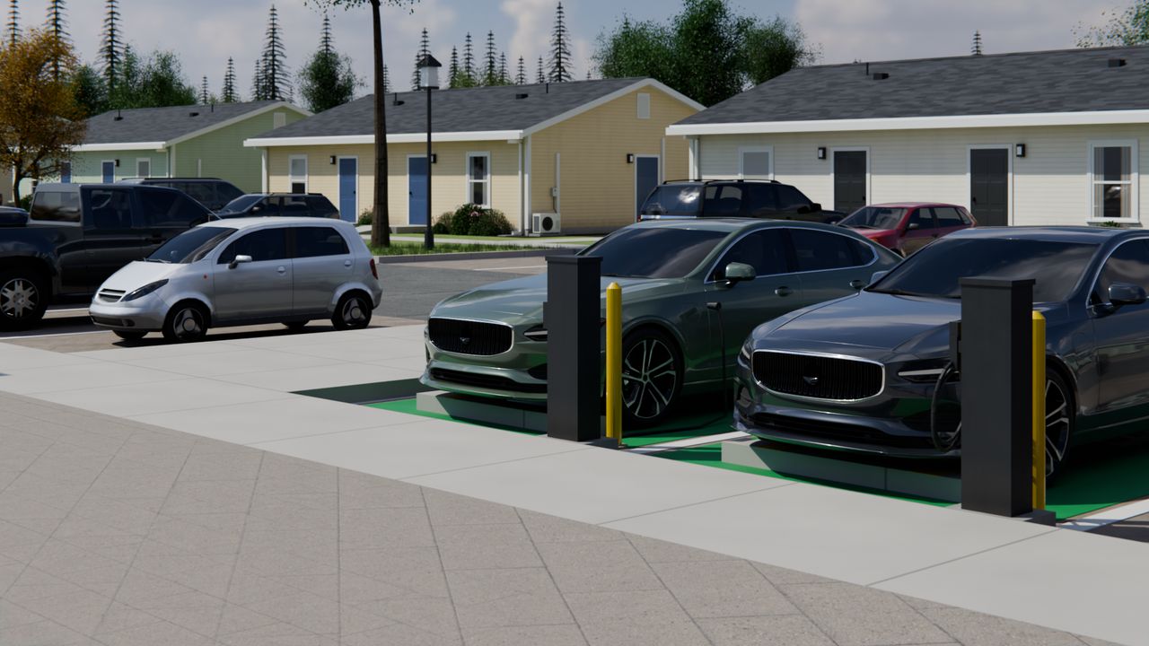 Concept render of two parking stalls with Level 2 EV chargers on pedestals at their heads, an electric car plugged in to charge, and homes across the lot.
