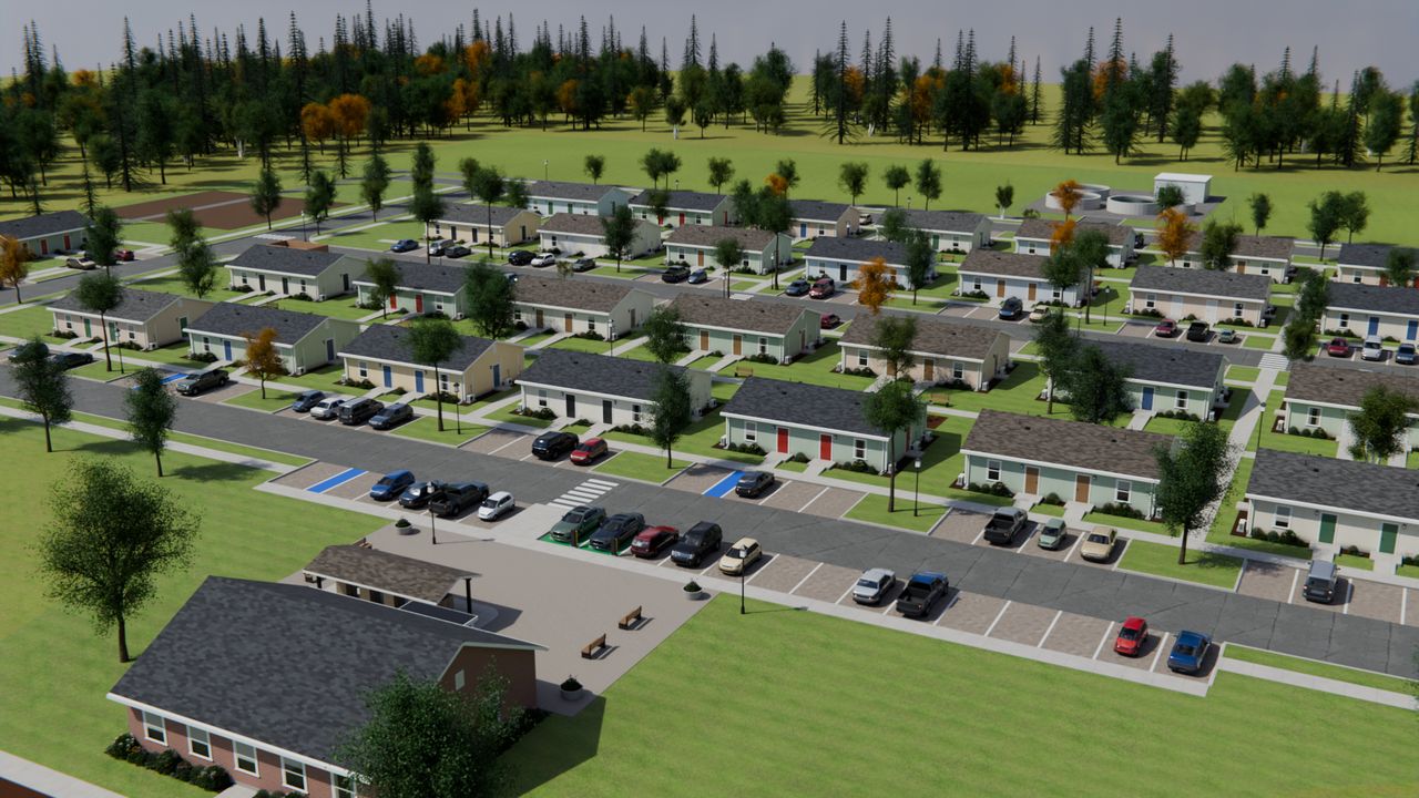 Concept render from above of a village of small one-story homes, with streets, parking and trees.