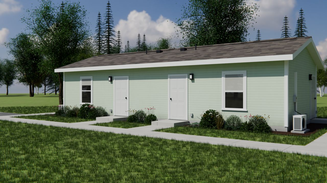 Concept render of a one-story home with two front doors, two windows, a shingle roof and a walk across the lawn.