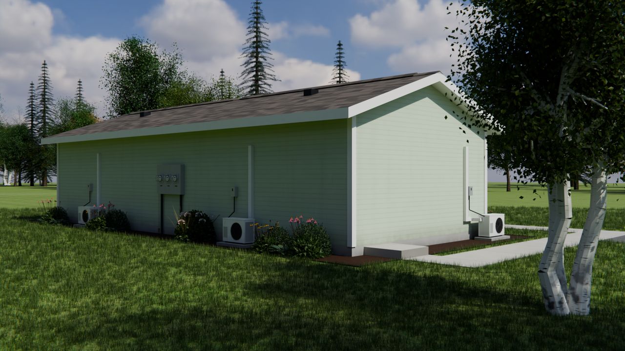 Concept render of the back of the one-story home: a panel of three electric meters and two outdoor heat pump units on the back wall, and a third outdoor unit on the end wall.