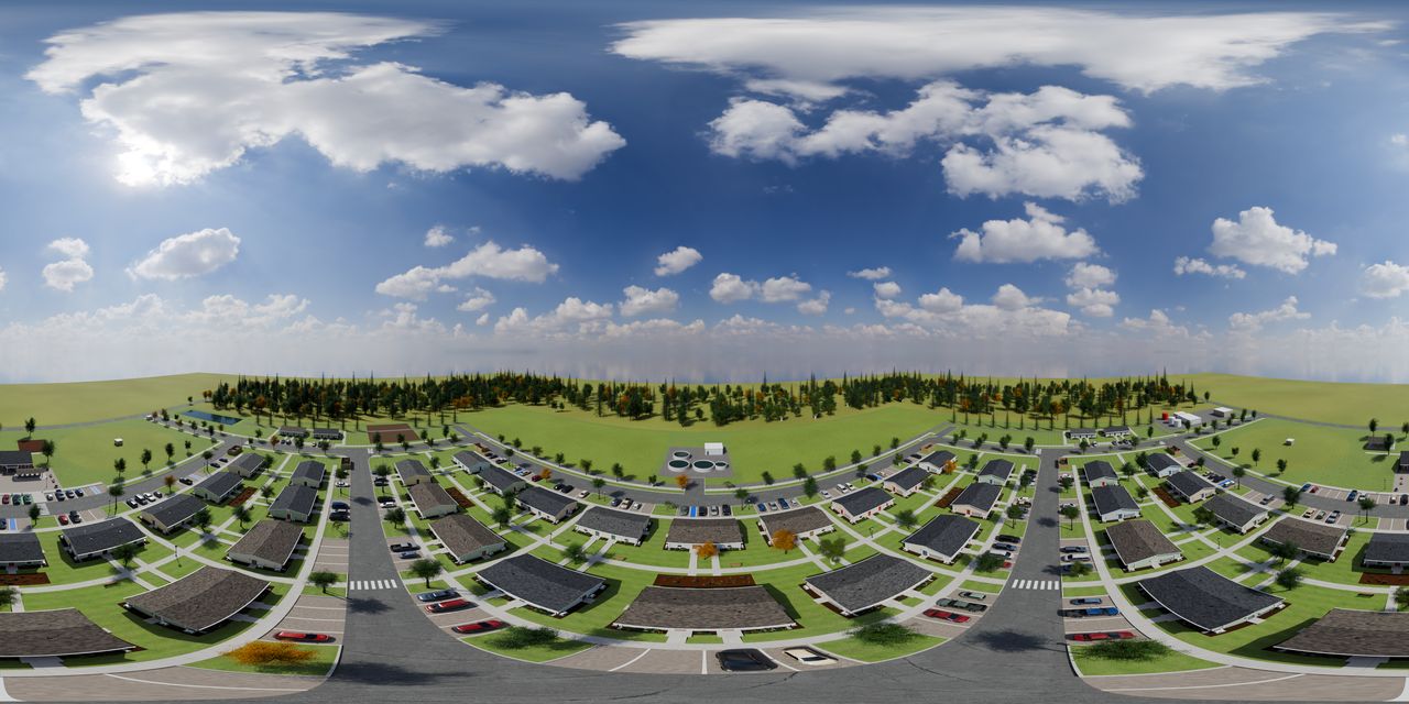 The village concept from above: rows of one-story homes around small greens, with lanes, parking, trees and open fields around the site.